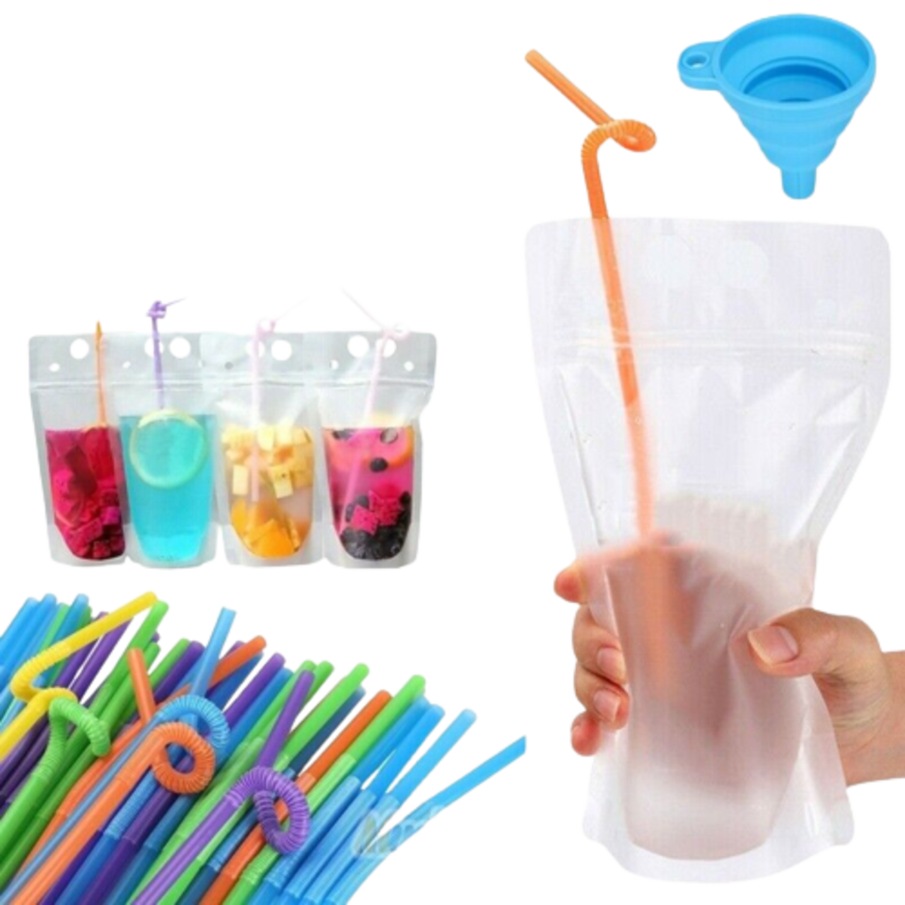 Kitcheniva 100 Pcs Drink Pouches Bags Stand-Up Zipper w/ Straws &#x26; Funnel for Cold &#x26; Hot Drinks